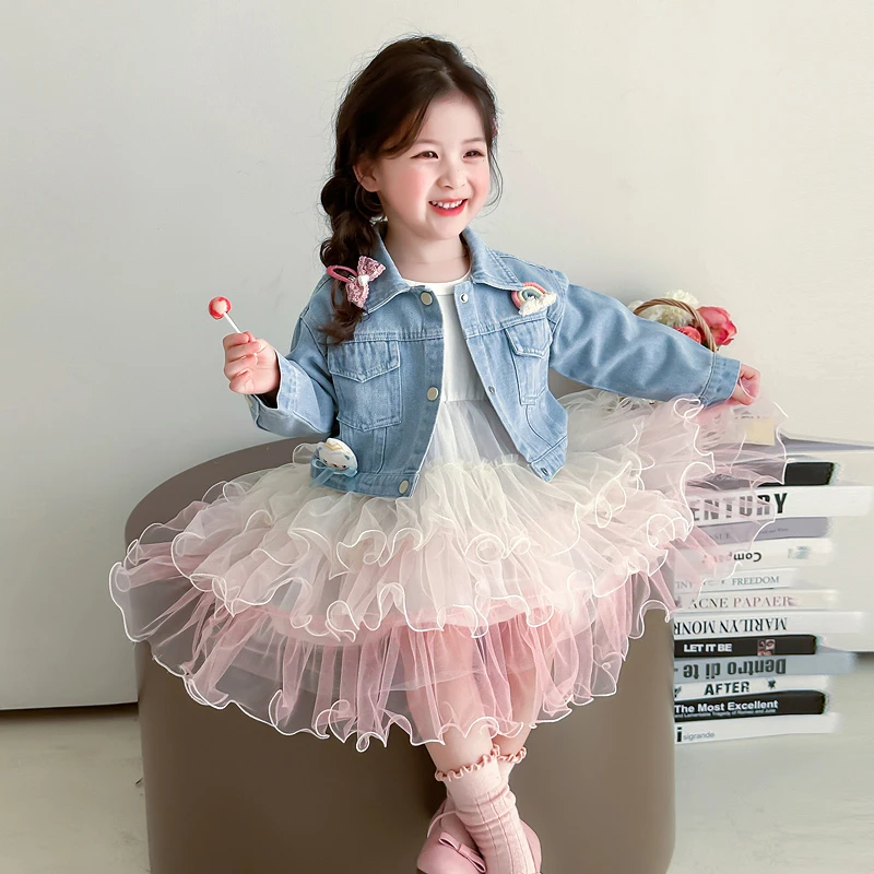 女童连衣裙春装2025新款儿童牛仔网纱公主裙套装裙子女宝宝蓬蓬裙
