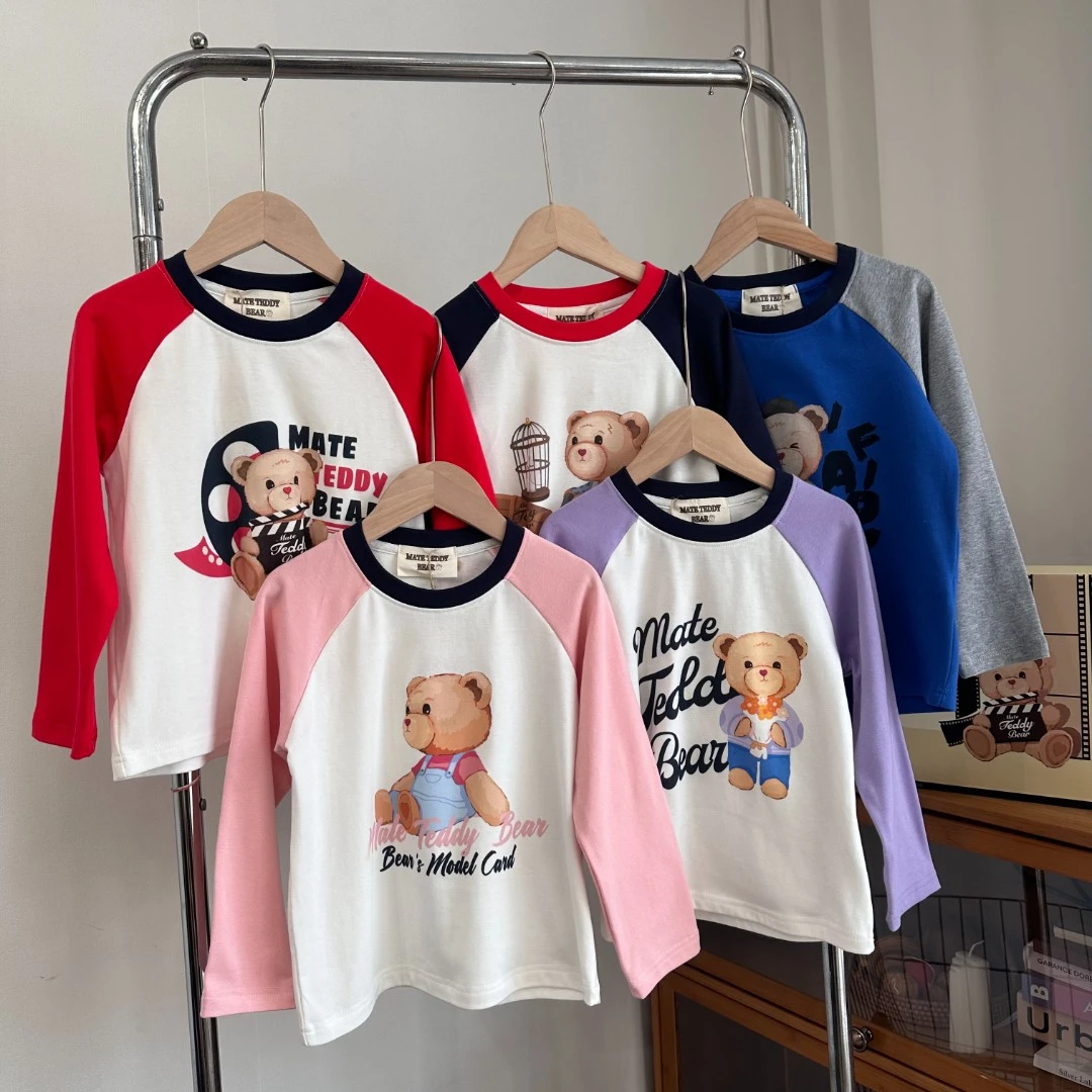 【五色正品小熊】25年春新儿童撞色卡通打底衫T恤男女童插肩H7001