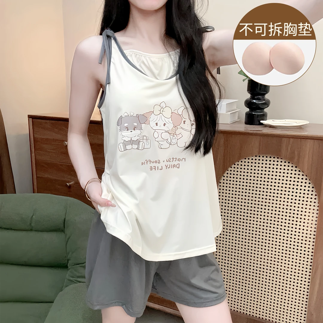 睡衣女夏季吊带短裤薄款凉感2025新款带胸垫可外穿学生家居服套装