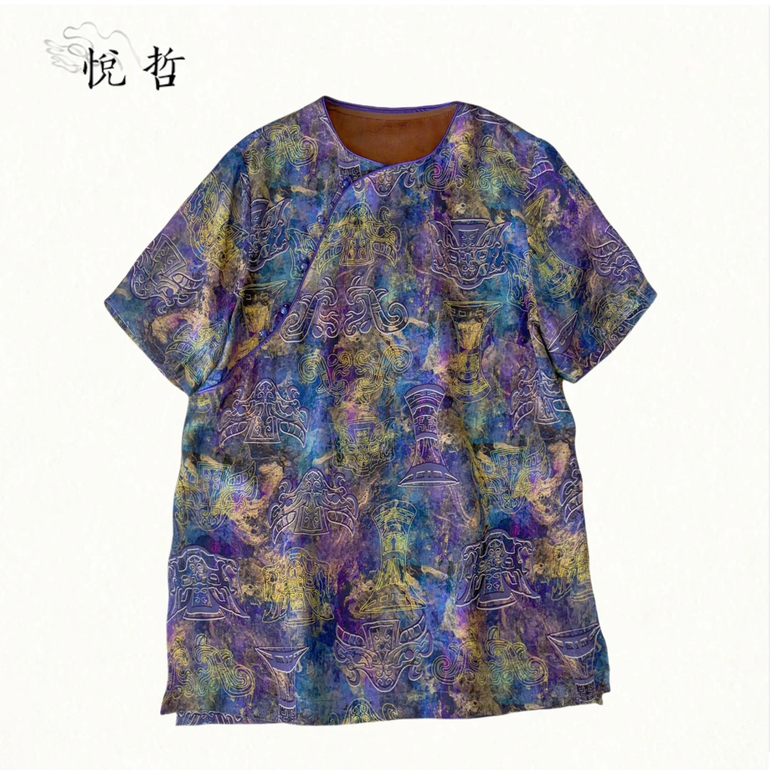 YUEZHE 时尚圆领提花复古上衣2025夏季薄款新中式印染宽松短袖