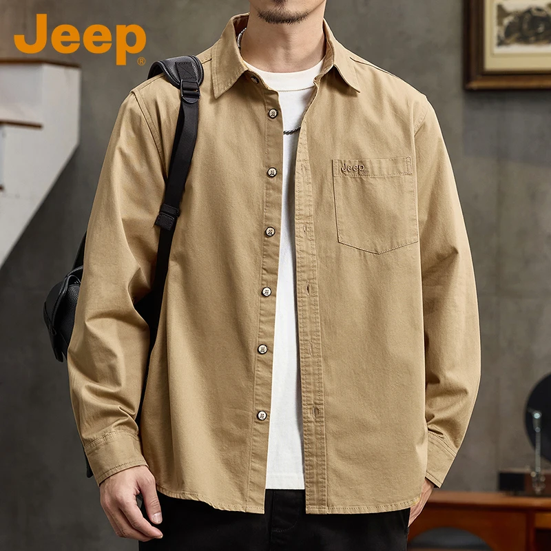 JEEP吉普卡其色纯棉长袖衬衫男款春秋季潮流百搭宽松休闲工装衬衣