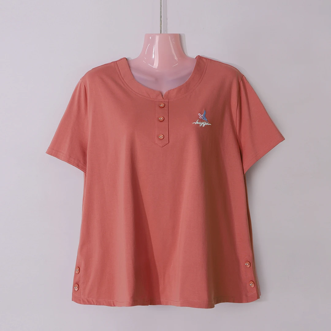 夏季妈妈装纯色圆领纯棉薄款中老年女装夏季刺绣宽松时尚大码女装