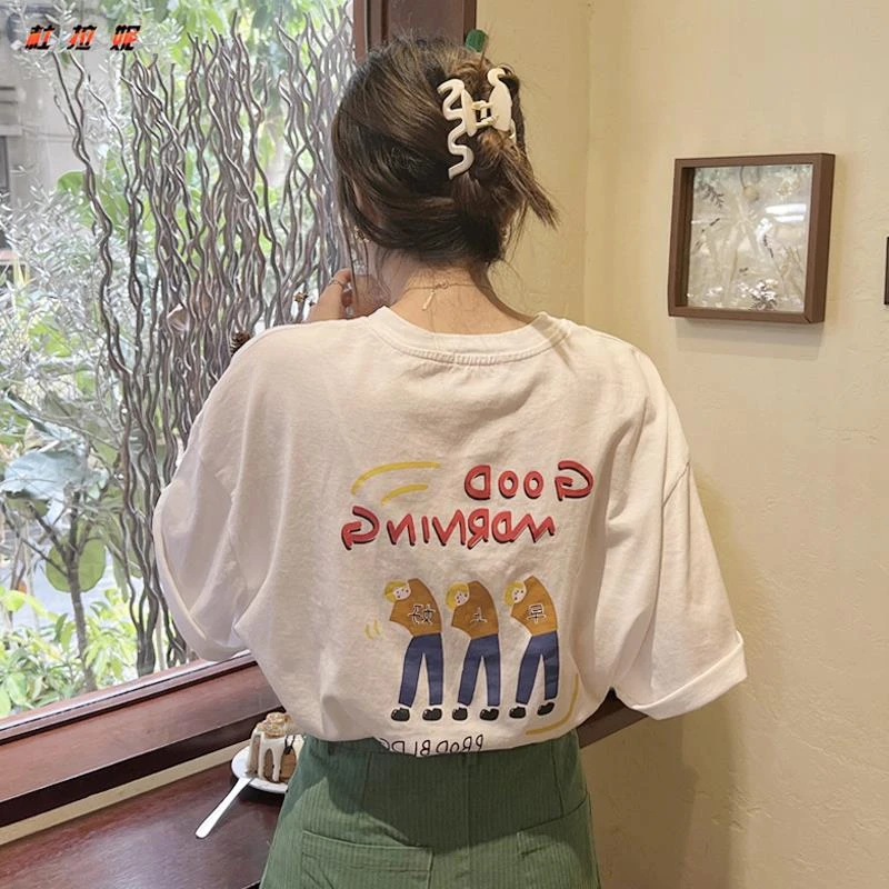 杜拉妮港味短袖正肩T恤女夏季独特小众宽松美式白色字母印花上衣