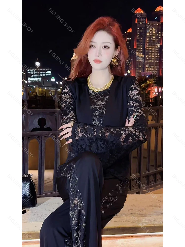 清《女人花》女人味十足大气感蕾丝拼接两件套套装