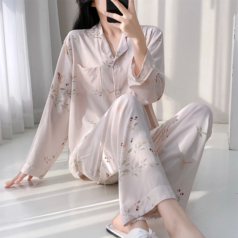 睡衣秋款女棉绸套装透气亲肤长袖套装薄款冰丝女孩家居服宫廷风