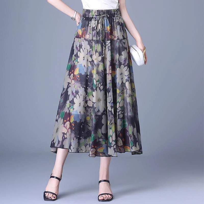 法劳格高级感雪纺半身裙女夏季薄款2025新款高腰显瘦a字裙印花