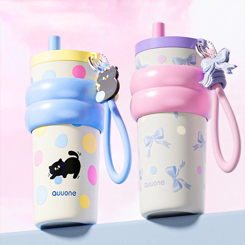 quuone趣玩吸管保温杯女陶瓷内胆高颜值车载咖啡新款随行便携水杯