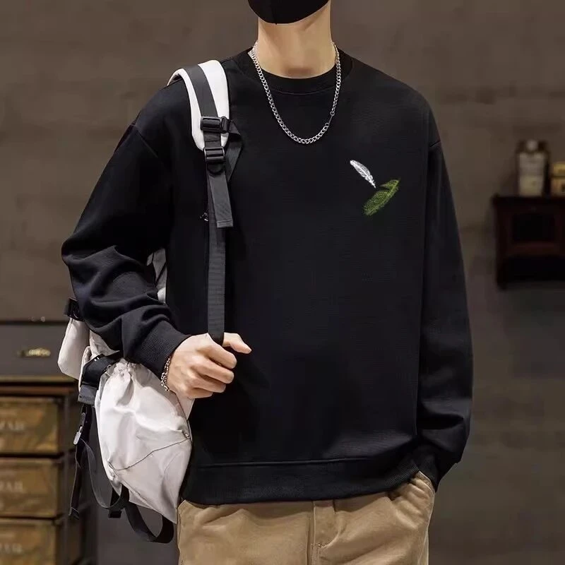 仓石一树潮流羽毛印花圆领卫衣男秋冬新款宽松休闲长袖打底衫上衣