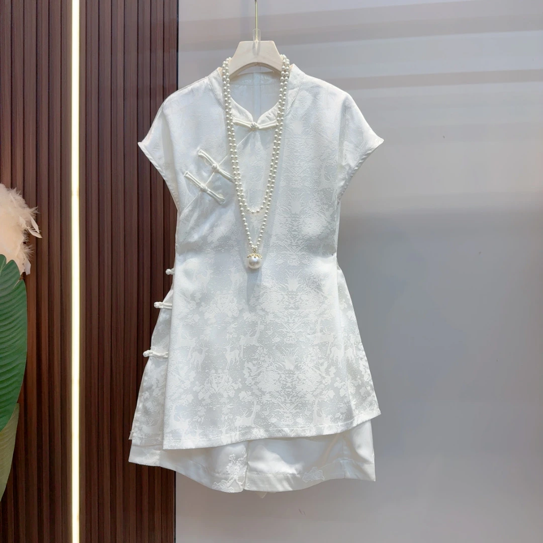 2025夏季新款新中式气质复古盘扣斜襟上衣百搭松紧要短裤套装