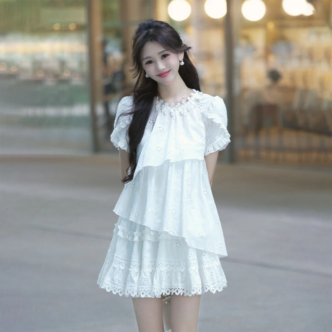 夏日清纯减龄镂空木耳边不规则上衣蕾丝花边半裙套装女大码胖MM
