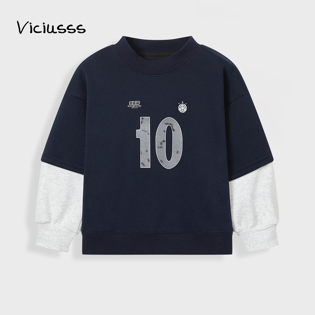 Viciusss丸社童装男童女童冬季新款假两件百搭休闲套头加绒卫衣