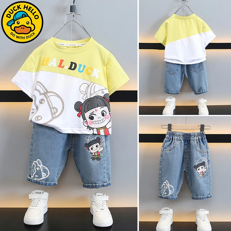 【小黄鸭专柜】儿童夏季哪吒纯棉短袖牛仔裤套装
