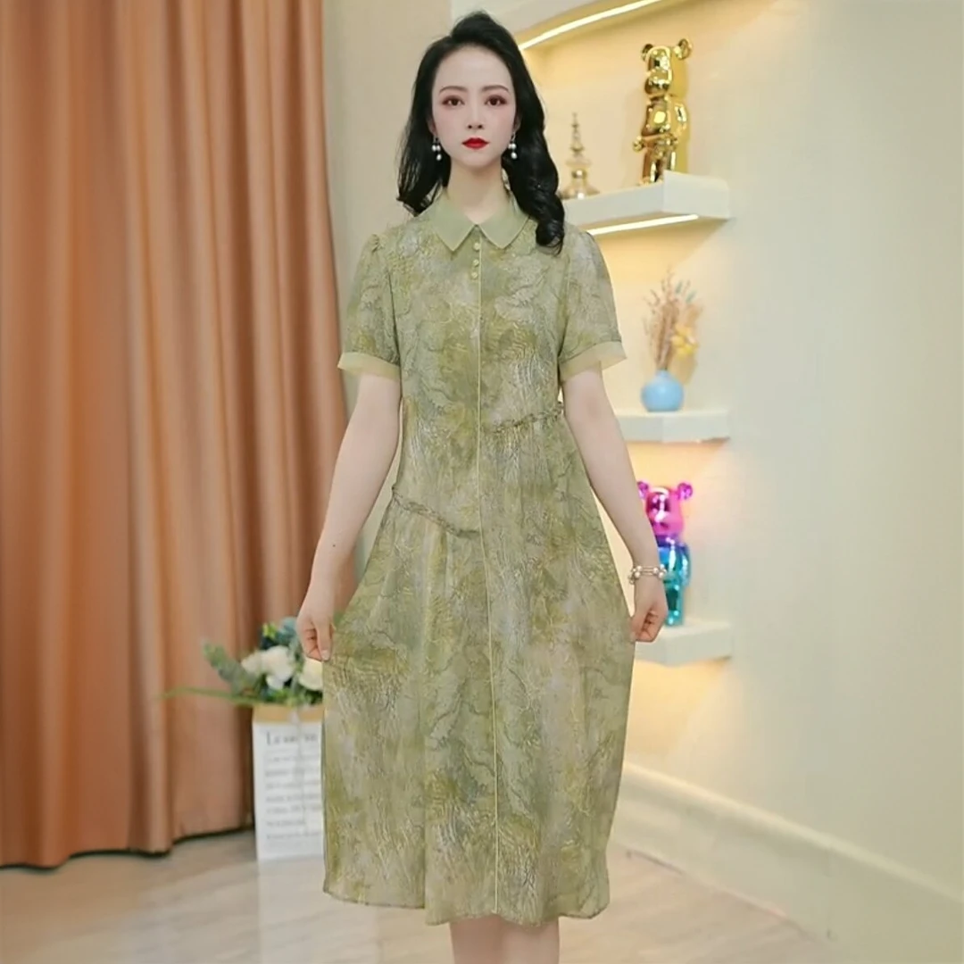 高级琉璃丝时尚洋气百搭碎花假两件礼服裙2025春夏新款显瘦连衣裙