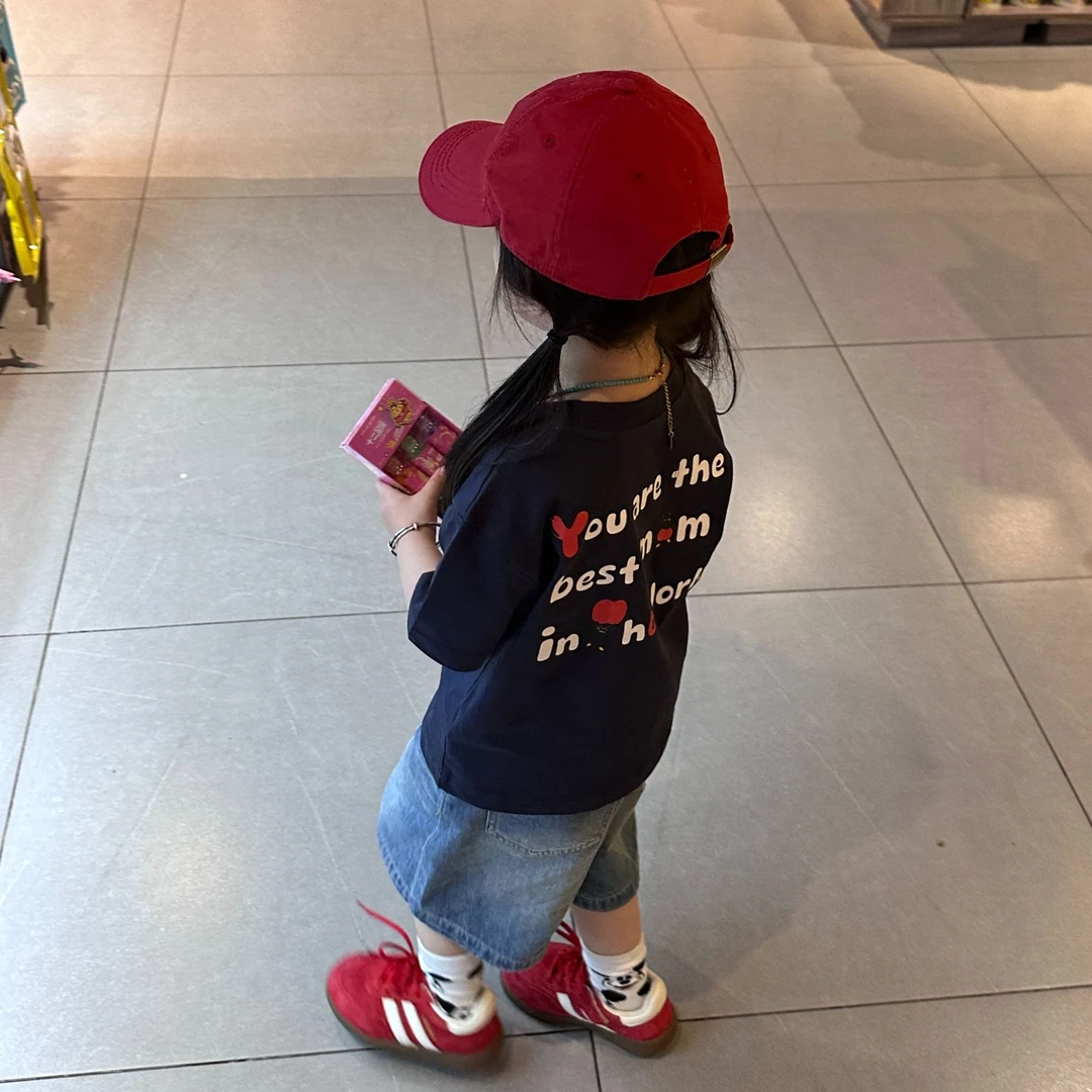 壹妈童装韩范儿童时髦套装夏季新款洋气男女宝藏蓝色短袖牛仔短裤