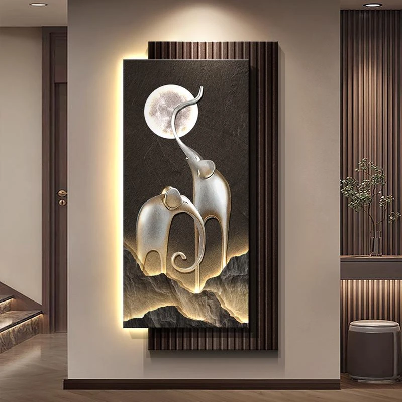砂岩玄关装饰画入户正对门高级感壁画带灯光走廊年轻人大象挂画