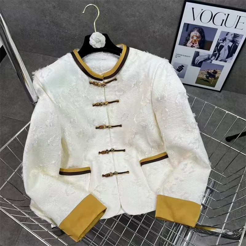 新中式时髦小外套2025春季新款拼色实拍高级感破边立体显瘦上衣女