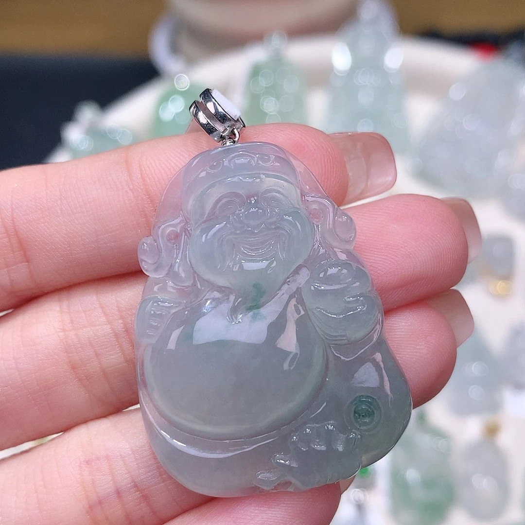 颈饰18K金镶嵌翡翠冰胶飘花财爷