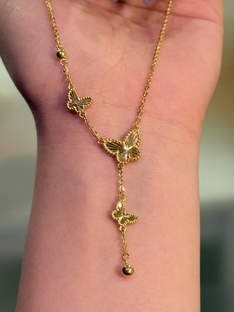 J {江江好} 足金999 5G工艺 情人节礼物 厚版镭射三蝶流苏套链