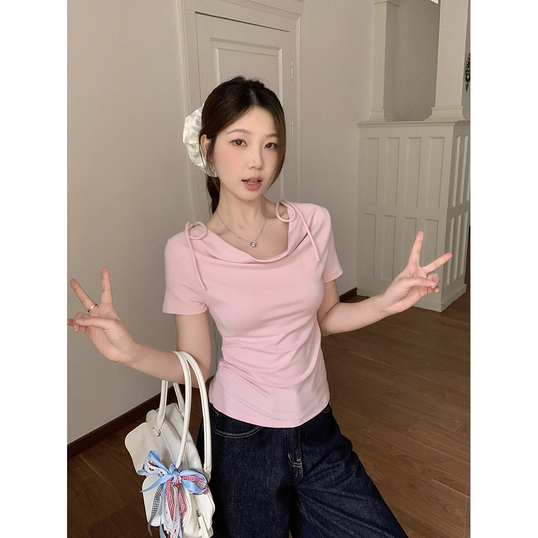 【小曹大码】夏装新款女纯欲甜美荡领一字肩修身短袖上衣-ONL33653