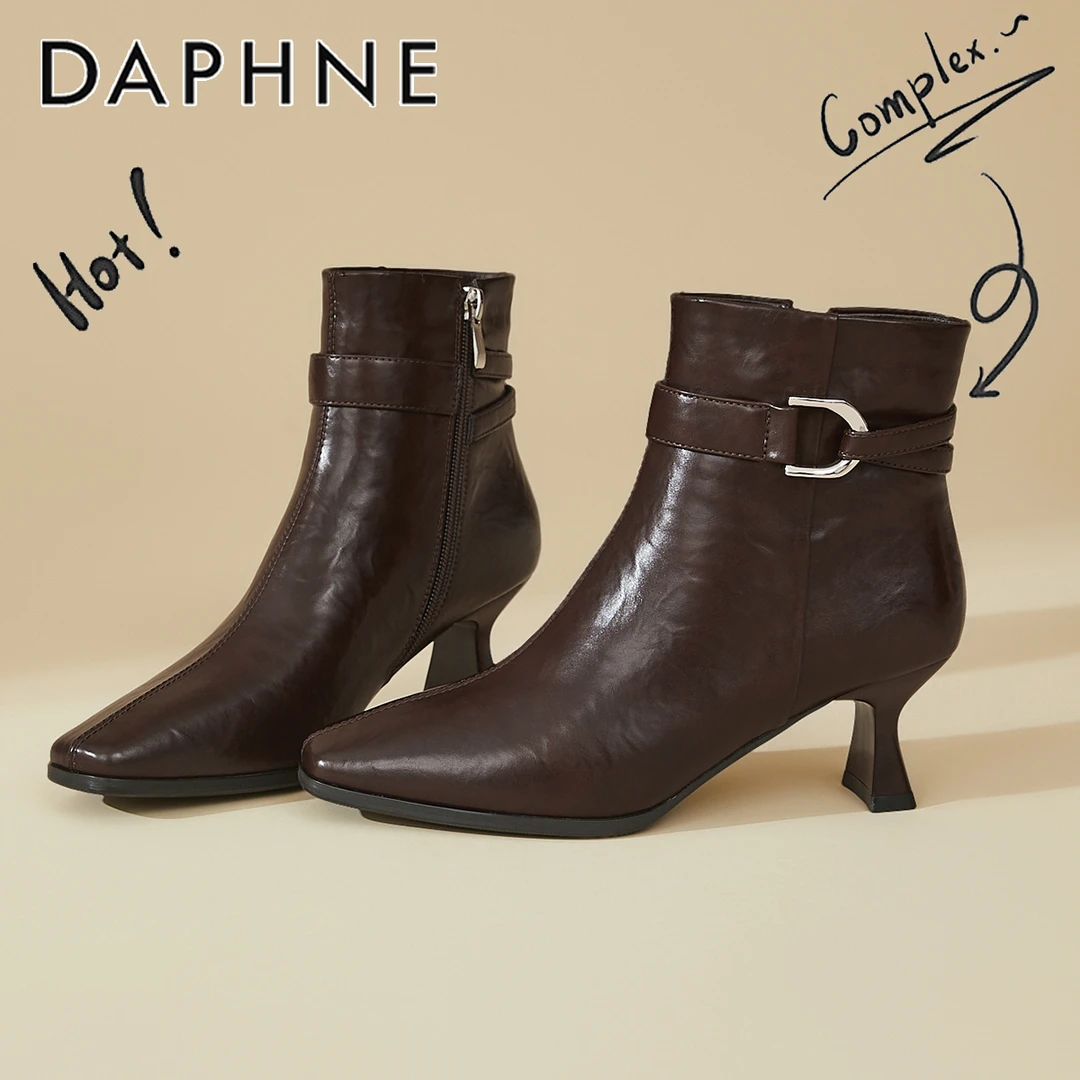 达芙妮高跟鞋短靴女款2025新款冬季加绒靴子法式气质方头瘦瘦皮靴