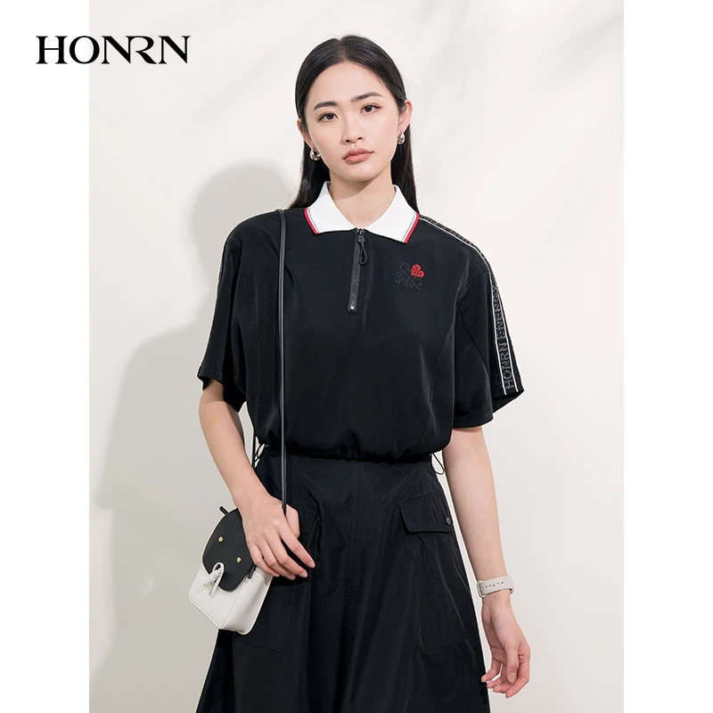 HONRN/红人休闲黑色翻领短袖t恤上衣女夏季HI22SY527运动女款潮流