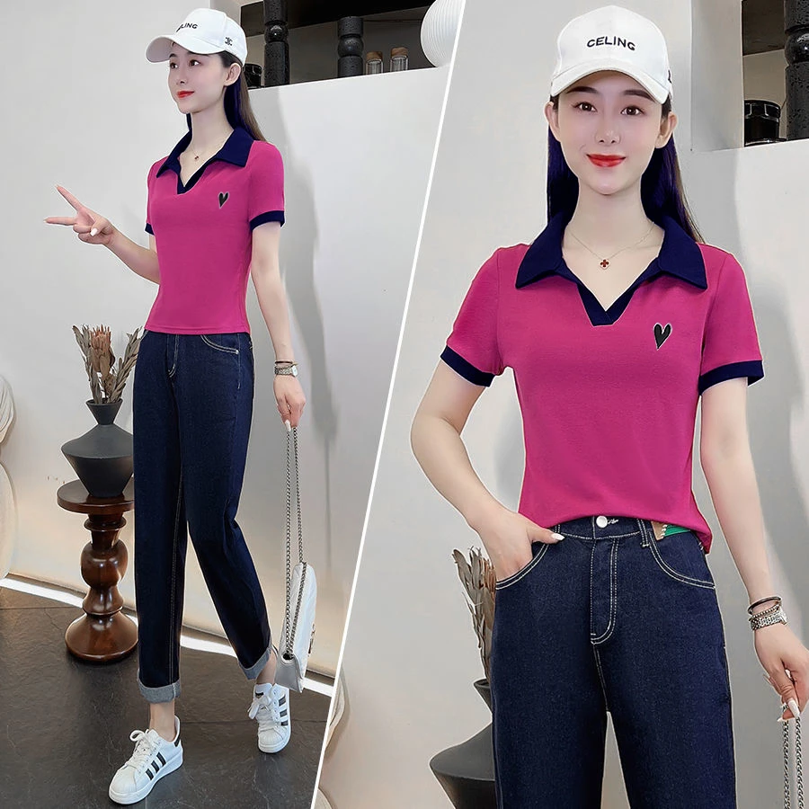 95%棉撞色翻领刺绣v领短袖t恤女2024夏装修身显瘦上衣polo衫半袖