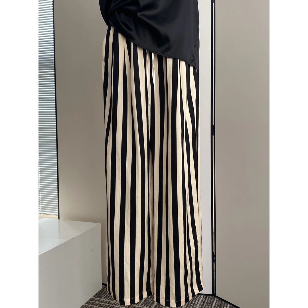 人丝麻混纺垂坠灵动下摆 高腰直筒条纹裤86656