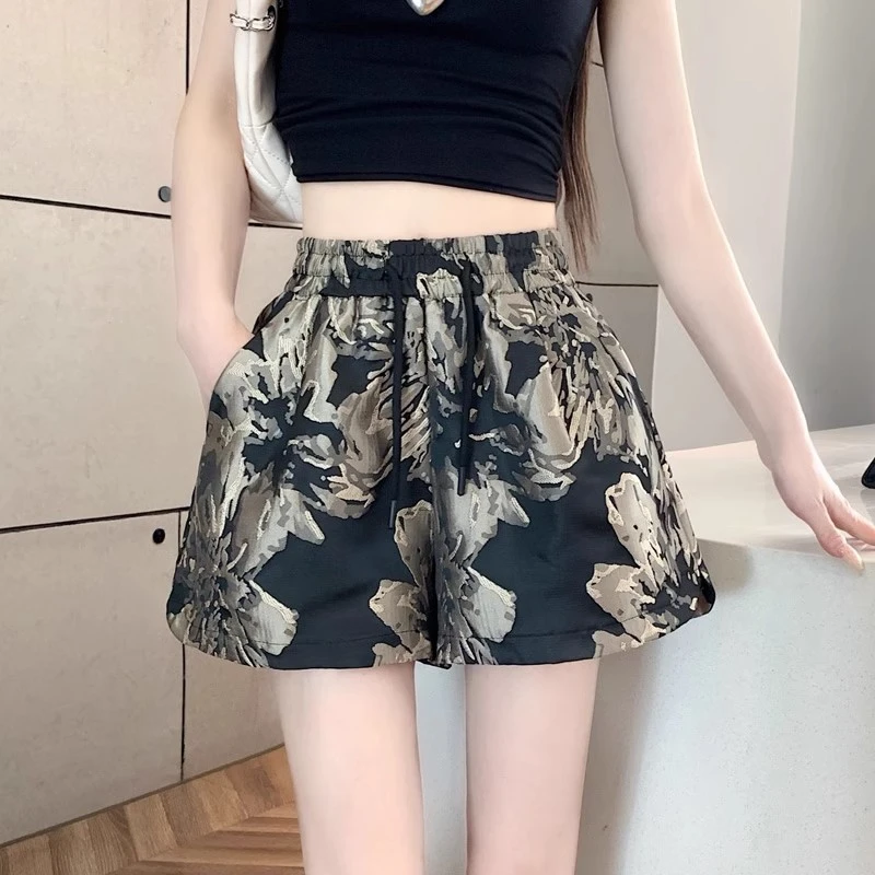 复古水墨画提花阔腿裤女夏季松紧腰系带A字高腰宽松休闲外穿短裤