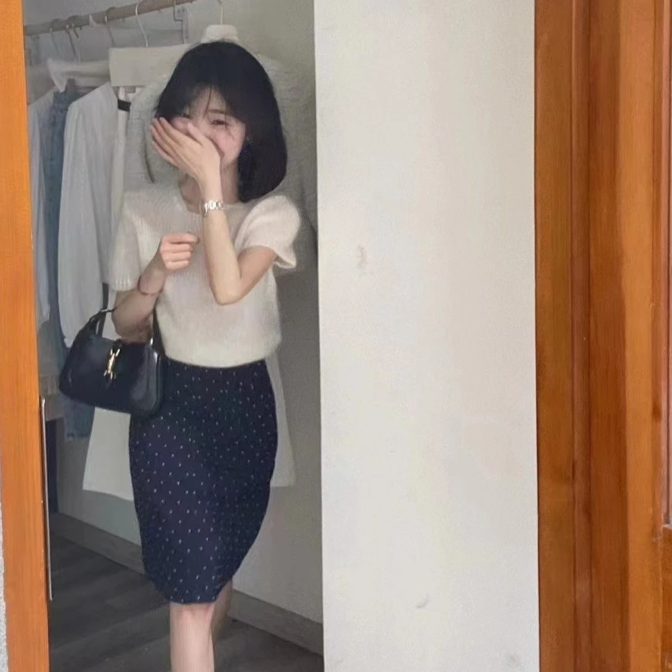 波点半身裙女春季中长款高腰短上衣显瘦a字裙子包臀一步裙夏季
