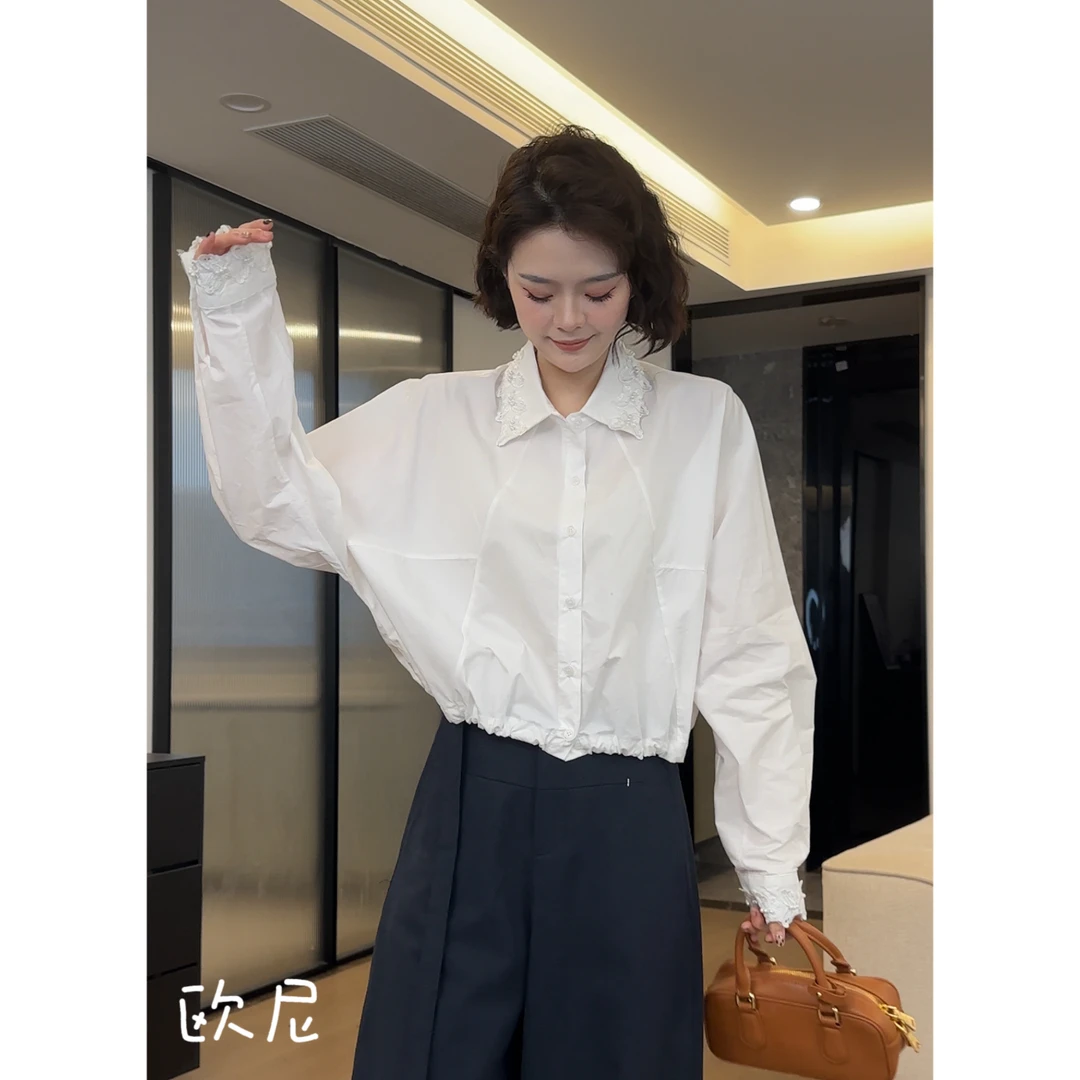 欧尼私服 2025春款花边领口下摆抽绳衬衫上衣2502C466