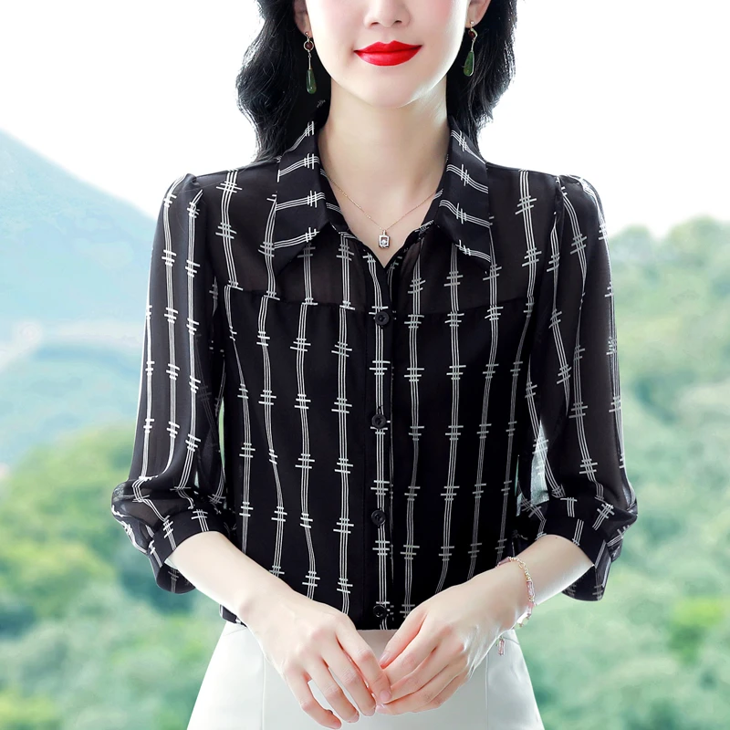 时尚条纹衬衫女夏季百搭七分袖2025年新款显瘦减龄洋气质小衫