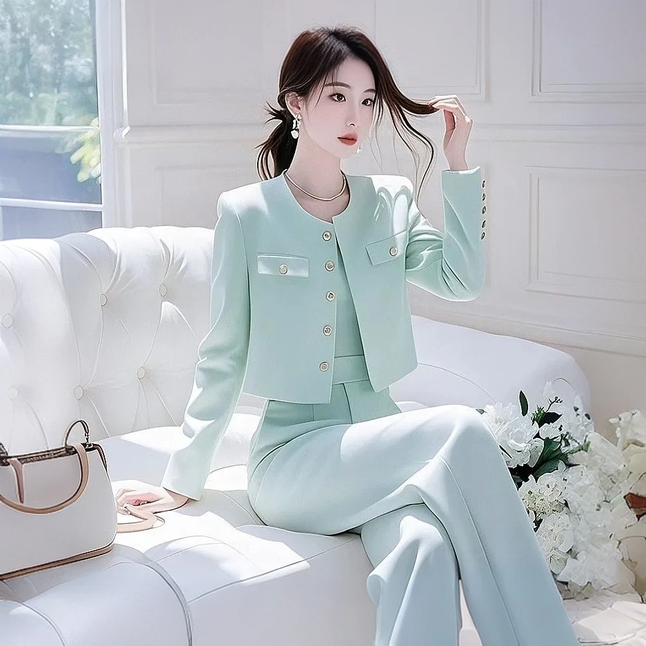 2025早春穿搭一整套女装气质名媛高端薄荷绿色外套阔腿裤职业套
