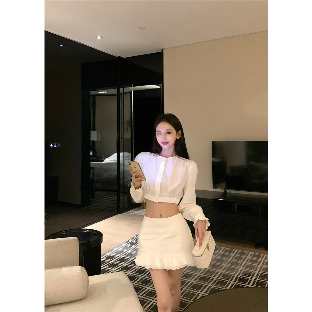 清茶白色短款衬衣上衣短裙套装夏两件套装衬衫气质高腰