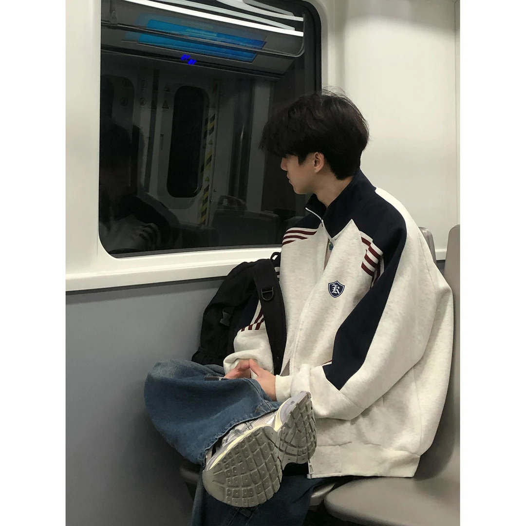 美式个性盾牌印花撞色三条杠立领开衫外套男女秋冬情侣休闲卫衣