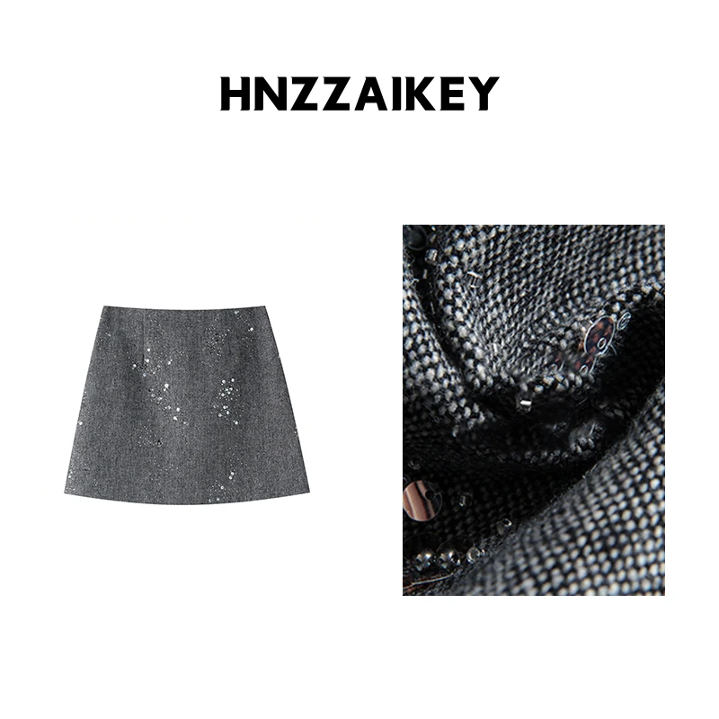 HNZZAIKEY 重工亮片a字包臀半身裙女冬季手工珠绣短裙N803C