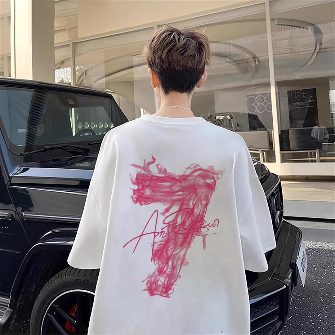 美式潮牌数字7粉纯棉短袖t恤男生夏季慵懒风高街oversize半袖上衣