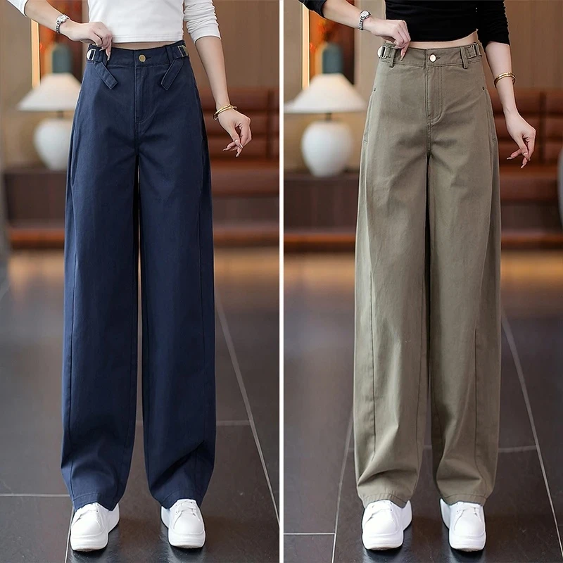 复古休闲工装裤女2025春秋新款显瘦拖地裤今年流行高腰阔腿弯刀裤