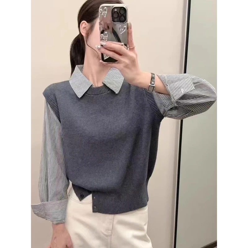 2025年假两件女套头款拼接毛针织衫V领秋季不褪色轻职风厚款