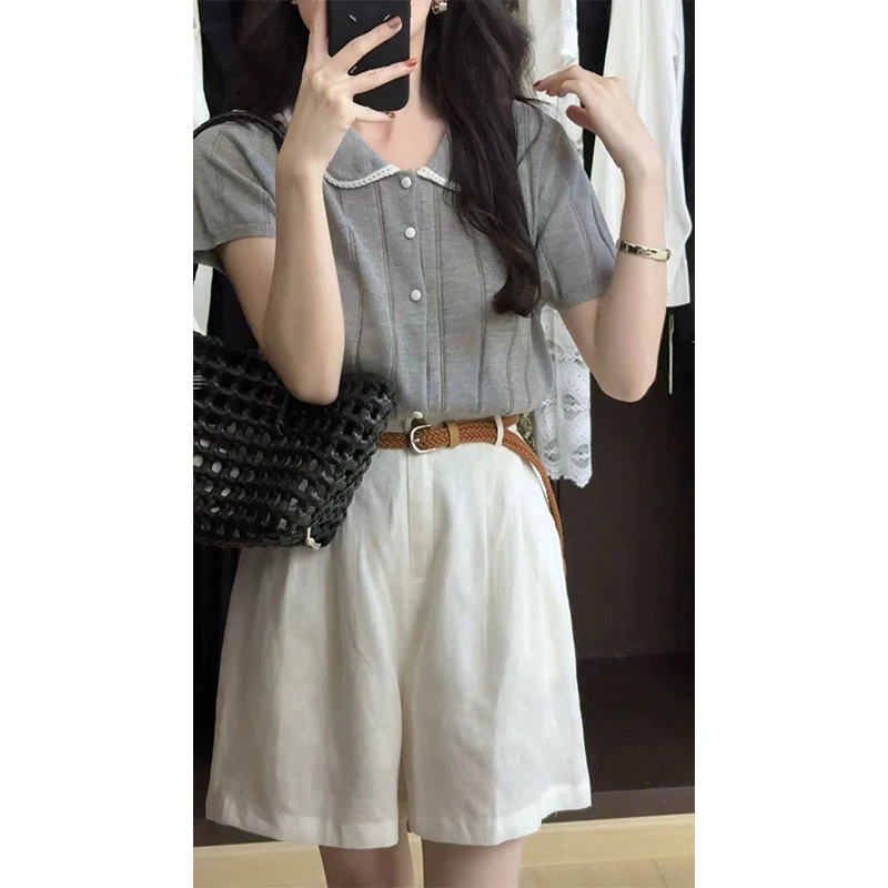 简约时尚设计感娃娃领撞色针织百搭短袖上衣高腰直筒宽松休闲短裤