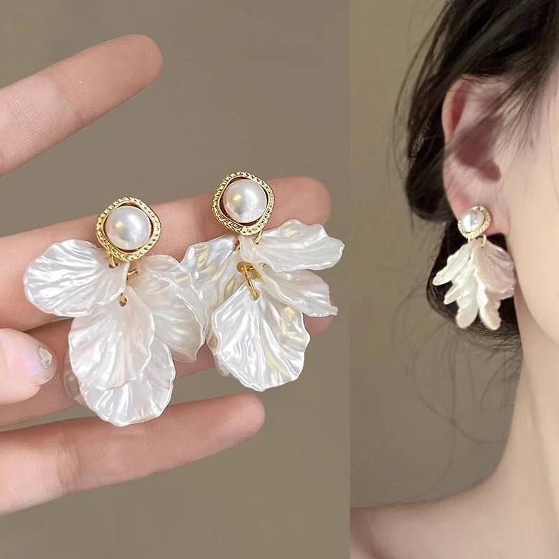 合金耳饰 珍珠花朵花瓣流苏耳环复古森系超仙温柔高级感ins耳环