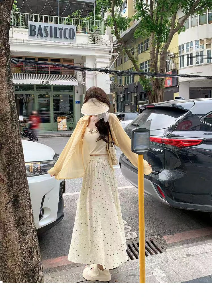 韩系杏黄色长袖衬衫吊带背心波点半身裙三件套女春夏新款套装