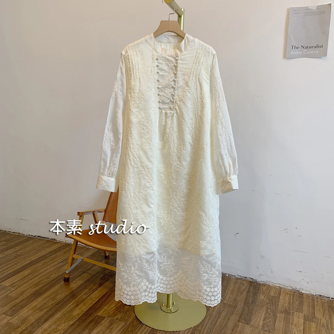 清晨C3432新中式刺绣蕾丝双排包扣立领连衣裙