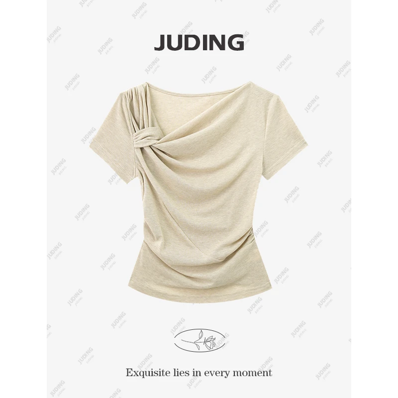 【盛夏午后】不规则露肩斜领短袖T恤女夏季新款褶皱设计感上衣8176