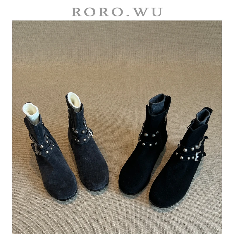 娆娆吴·磨砂牛皮铆钉皮带西部牛仔靴秋冬新款软皮短筒靴女X375
