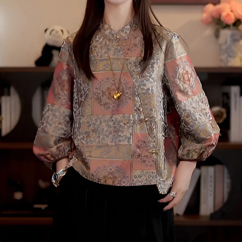 2025春秋新款国潮新中式显瘦印花衬衫洋气设计感宽松斜襟盘扣小衫