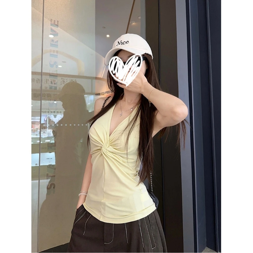 YIDENG V领纽结挂脖背心夏季2025新款薄款性感露背辣妹风修身上衣