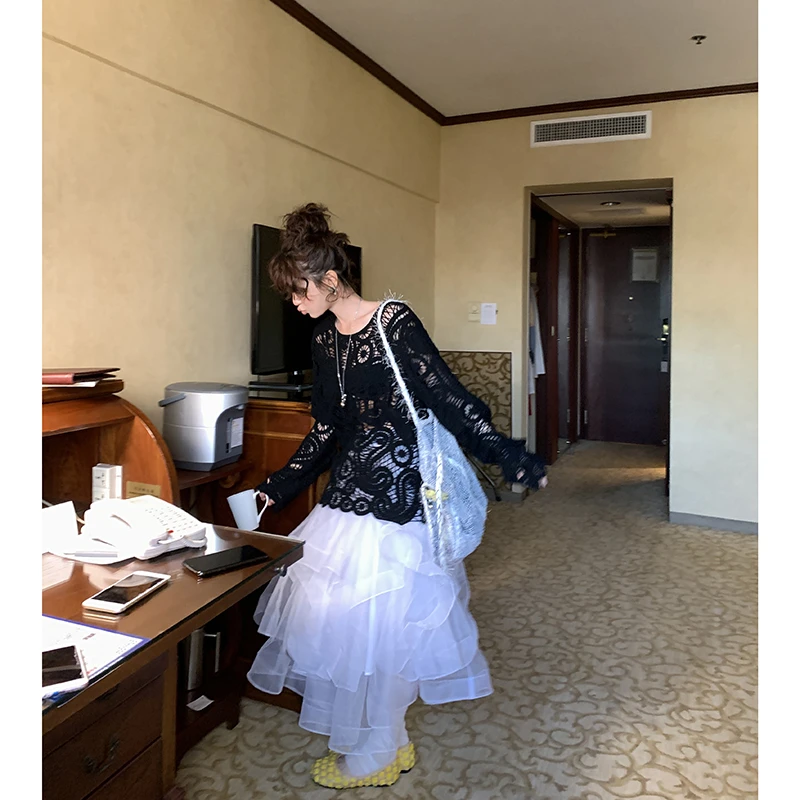 【流光梦境】白色不规则网纱半身裙低腰a字仙女裙4113