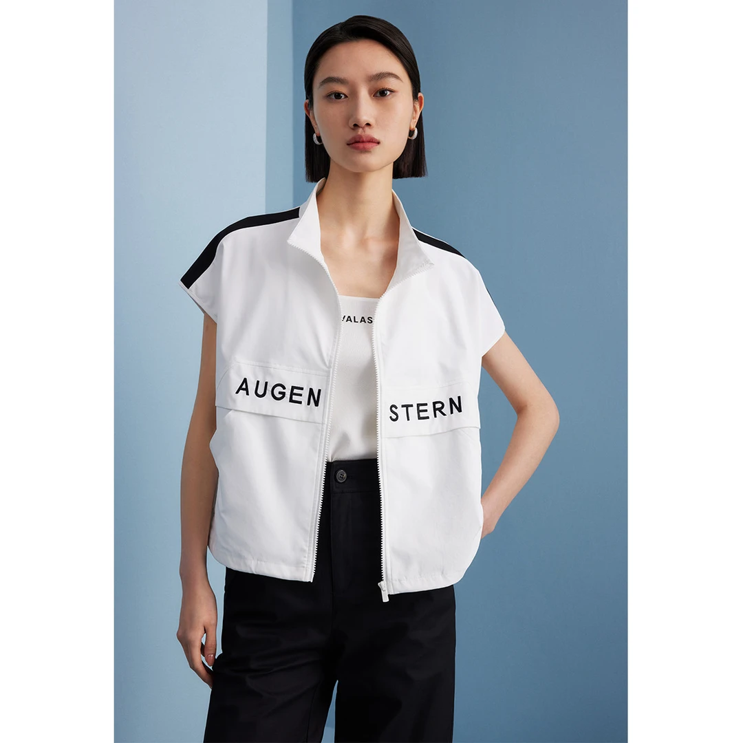 【曼德诗】立领短袖短款外套女字母刺绣印花撞色拼接上衣M421101184