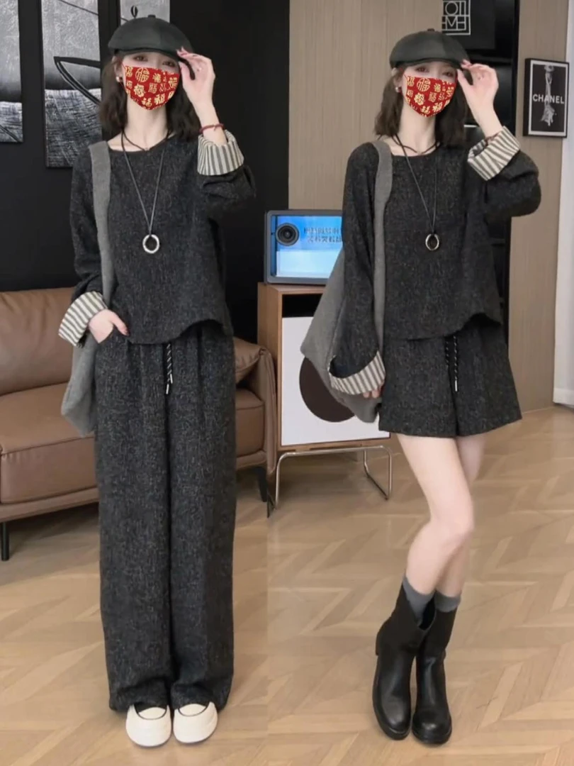 一整套秋季2025新款女装圆领上衣阔腿裤两件套小香风休闲时尚套装