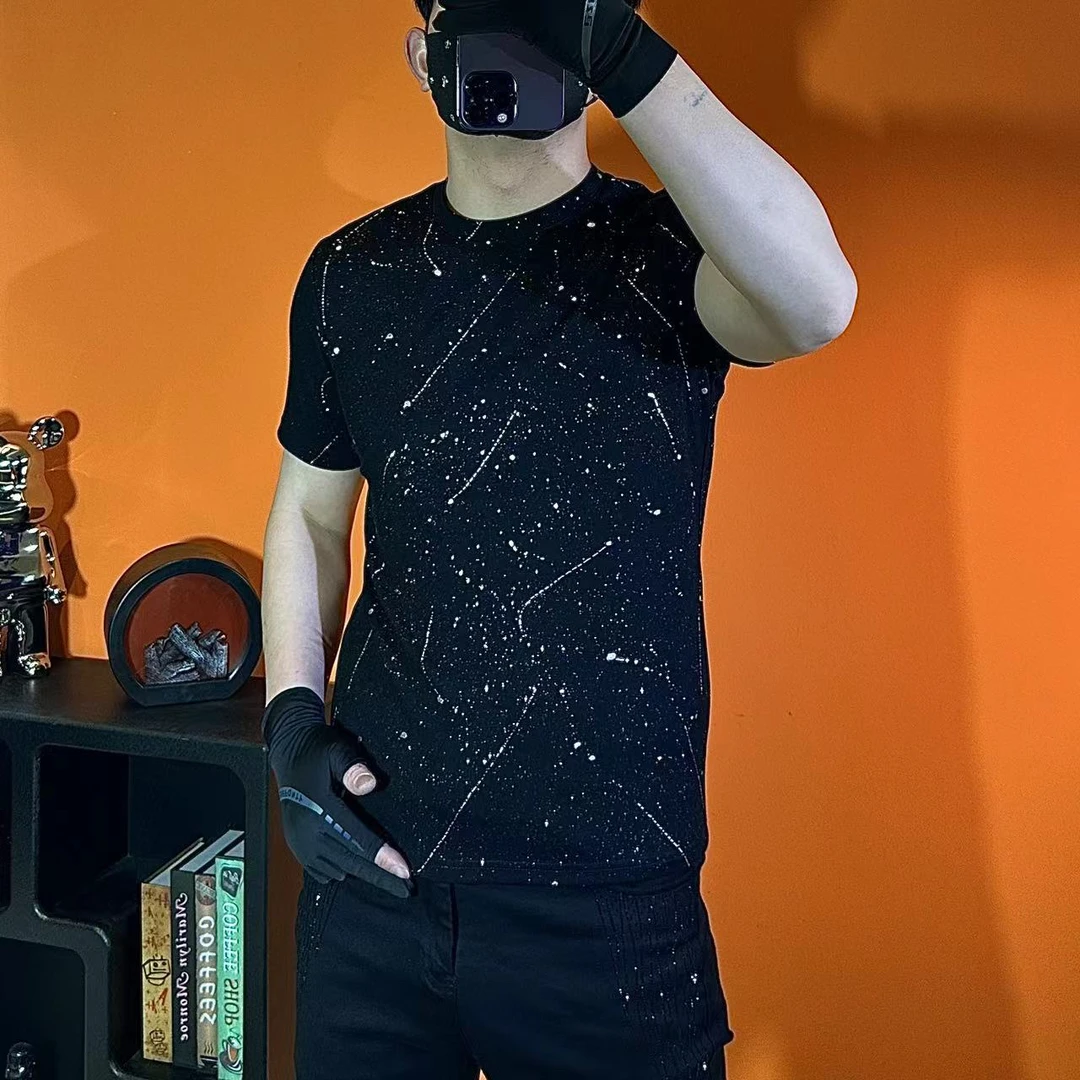 夏季居家亮面短袖泼墨圆领T恤上衣针织个性半袖男装轻奢休闲2507